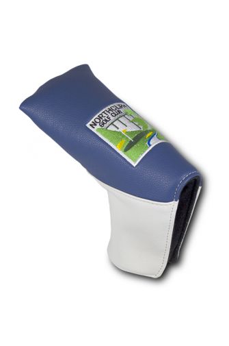 Puttercover with embroidered logo. Blue/White.