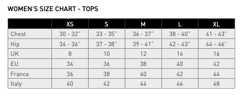 Women size chart for Adidas Golf 