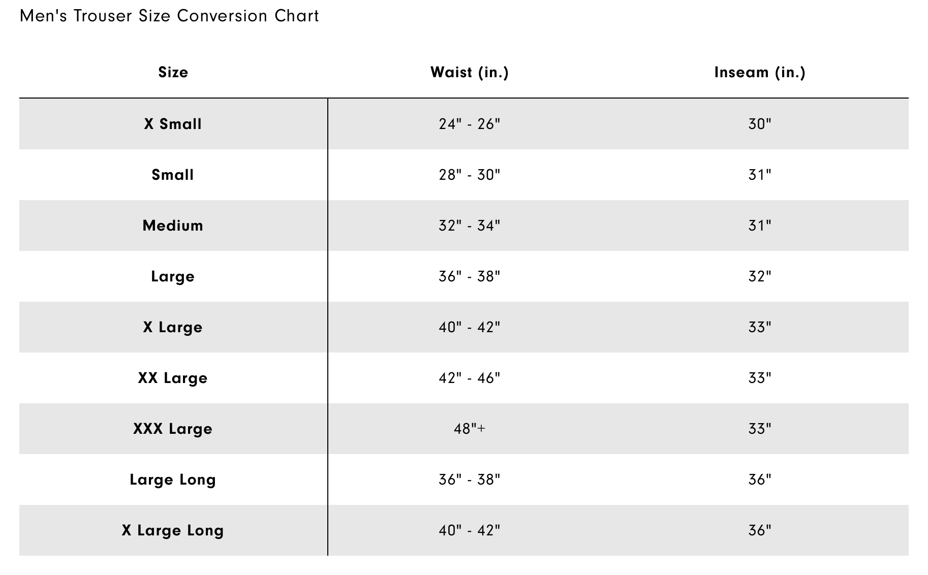 Footjoy Trousers and Shorts Size Chart